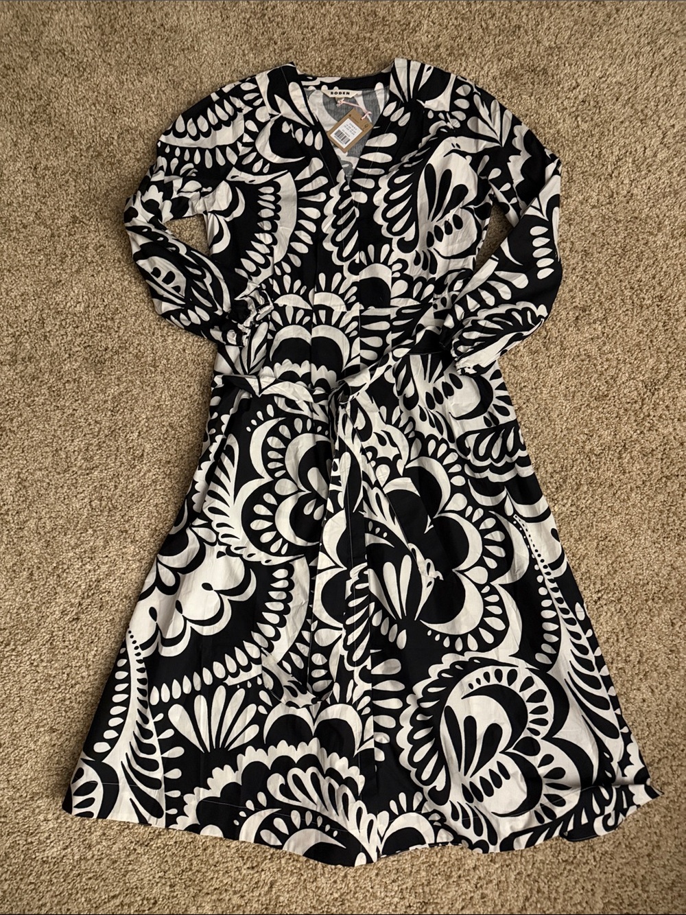 Boden Nicola Black & White Long Sleeve Wrap Dress with Tie Waist